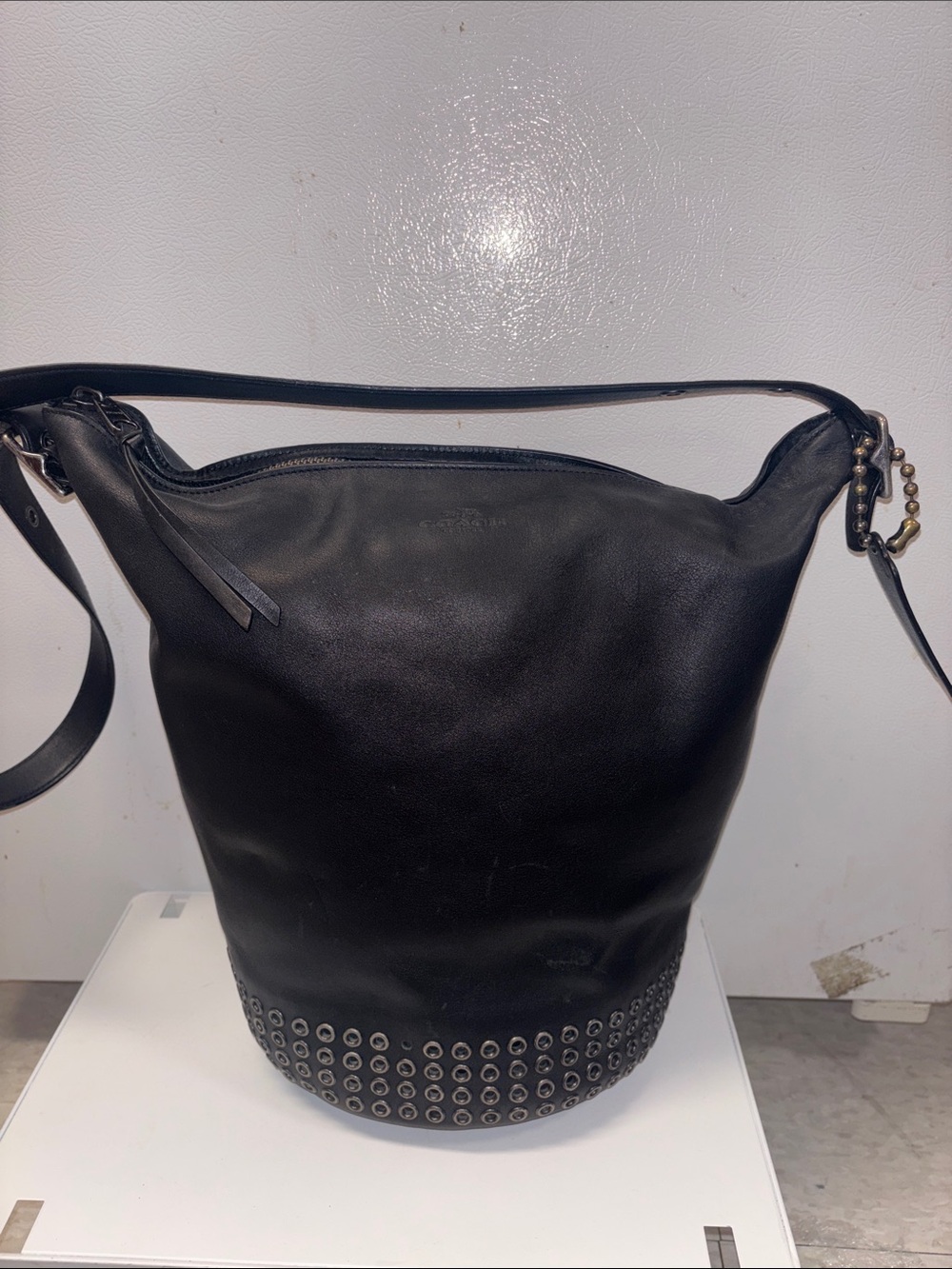 Coach Black Leather Hobo with Grommet-Stud Base